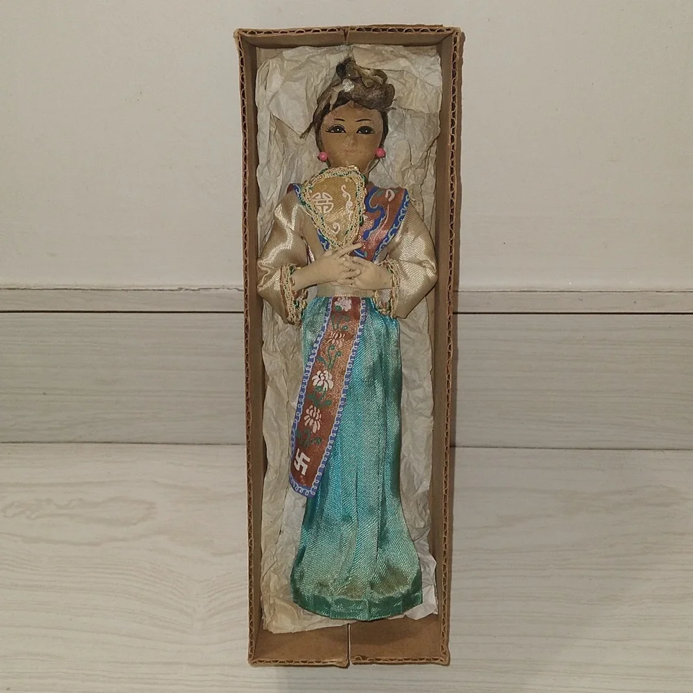 Vintage Japanese Geisha Oriental Doll Wooden Base